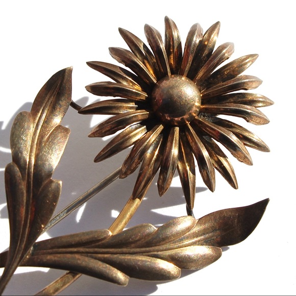 Vintage Symmetalic Sterling Silver Flower Brooch 14K Gold Overlay Floral Large - Picture 3 of 6